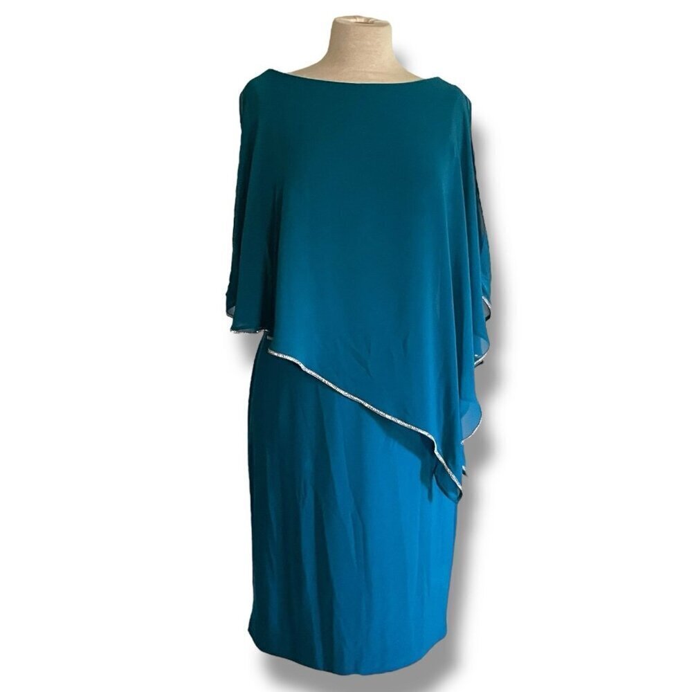 Joseph Ribkoff Womens Dress Sz 14 Peacock Blue Caped Rhinestone Trim Stretch - Picture 5 of 10